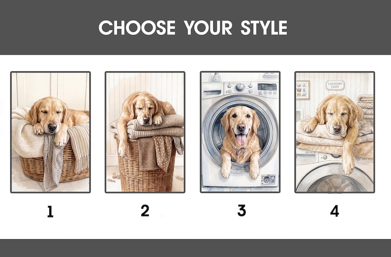 May include: A graphic display titled CHOOSE YOUR STYLE featuring four numbered illustrations of a golden retriever. The images show the dog resting in a wicker laundry basket, lying on folded towels, sitting inside a washing machine, and on a dryer.