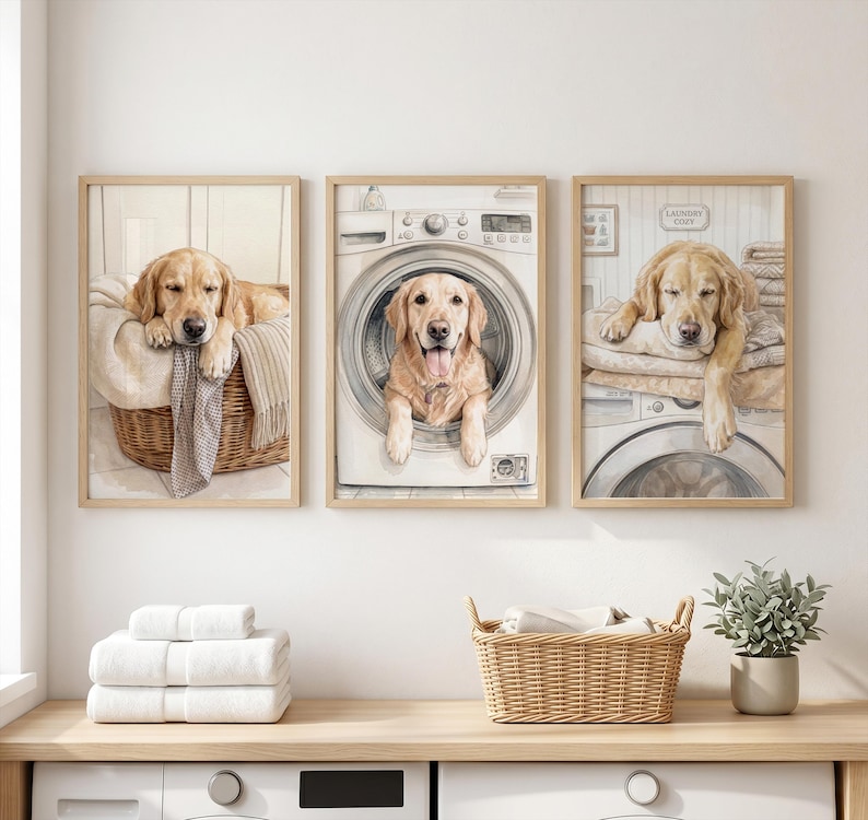 May include: Three framed wall art prints featuring a golden retriever in a laundry room setting. One shows the dog in a wicker basket, one inside a washing machine, and one resting on top of a washing machine with a sign reading Laundry Day.