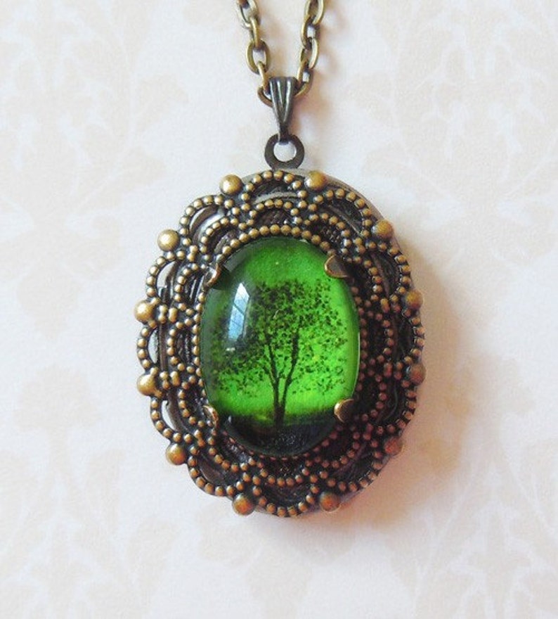 Green tree necklace.tree locket.Wearable Art Locket necklace Valentine's gift woodland jewelry cameo necklace bridesmaid gift image 2