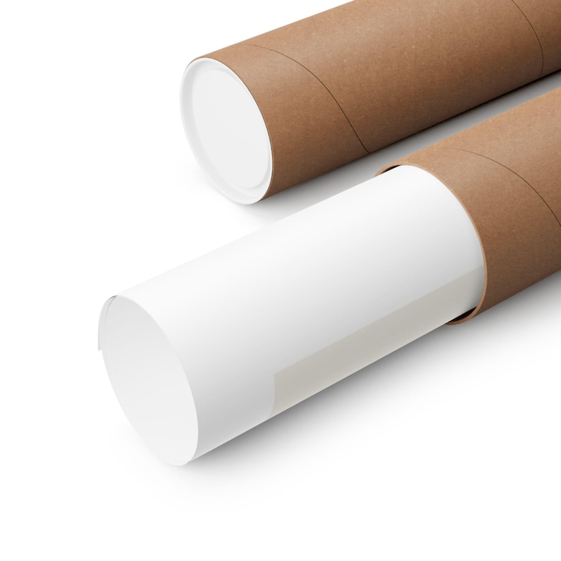 May include: Two cylindrical shipping tubes made of brown kraft paper with white plastic end caps. One tube is fully closed, while the other is partially open, revealing a smooth, white, rolled-up sheet of paper stored inside the cardboard container.