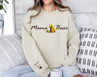 Personalized Mama Bear Sweatshirt, Custom Names Sweater, Mother's Gift, Est with Kid Name on Sleeve, Mothers Day Gifts, New Mom Custom Gift