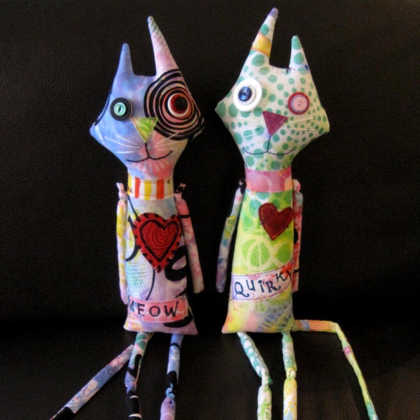 VERKOOP Happy Cat Art Pop, PAARSE, OOAK origineel Design, textiel Mixed Media pop, kleurrijke bedrukte stoffen, unieke Kitty, Cat Lover cadeau