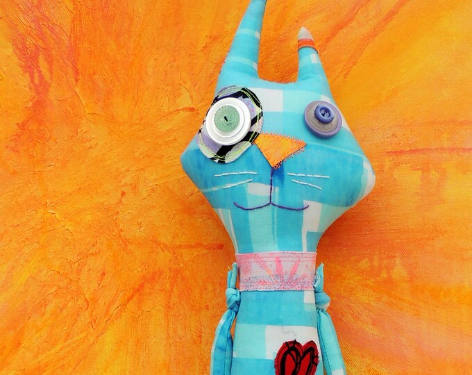 Cat Art Doll, BLUE, Happy Cat Art, Textile Mixed Media Doll, HAND DYED