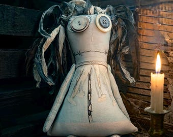 Handmade Gothic Art Doll – Ethereal Gray, Blue, White Textile Doll (OOAK)