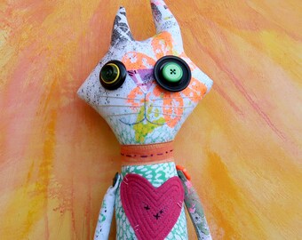 OOAK Whimsical Cat Art Doll, Colorful Handmade Textile Art — Confetti Kitty