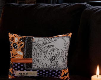 OOAK Spider Art Pillow, Halloween Textile Decor, Hand-Printed Fiber Art