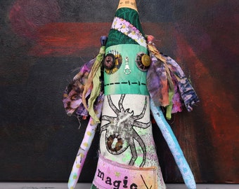 Handmade OOAK Gothic Textile Art Doll, Whimsical Cottage Witch Minerva
