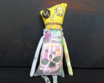 Becca Bones Creepy Cute Zombie Art Doll Monster with Skulls OOAK Hand Dyed Fabric Textile Doll Ready to Ship