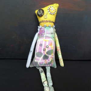 Becca Bones Creepy Cute Zombie Art Doll Monster with Skulls OOAK Hand Dyed Fabric Textile Doll Ready to Ship