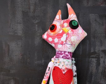 Colorful Happy Cat Art Doll - OOAK Collectible Cloth Doll -  Unique Cat Lover Gift - Hand Dyed Fabric - Ready to Ship