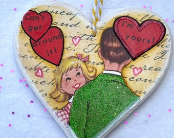 Vintage Romantic Valentine Decor - I'm yours valentine ornament - 2-Sided Mixed Media Heart Art