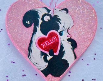 Vintage Valentine Ornament  - Cute Skunk Valentine Gift - Kitschy Valentine - Unique 2-Sided Mixed Media Heart Art