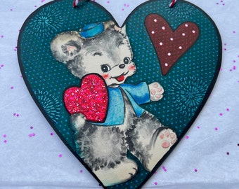 Vintage Valentine Bear Decor - Large Valentine Teddy Bear Ornament - Valentine Love Story - 2-Sided Mixed Media Heart Art