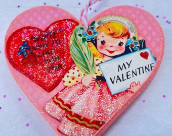 Vintage Girl Valentine Decor - Writer ornament - Friendship or Romantic Valentine - 2-Sided Mixed Media Heart Art