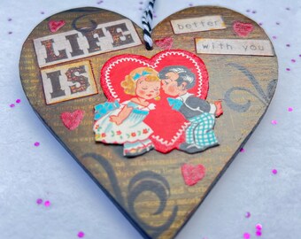 Vintage Romantic Valentine Decor - Husband Wife Couple gift - 2-Sided Mixed Media Heart Art