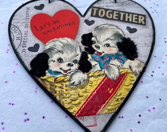 Vintage Valentine with Puppies Decor - Large Cute Dogs Heart ornament - 2-Sided Mixed Media Heart Art