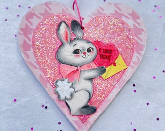 Vintage Bunny Valentine Gift Tag Ornament - Friendship Gift - Unique Upcycled 2-Sided Mixed Media Heart Art