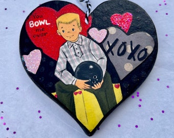 Vintage Valentine Bowler Ornament - Humorous Funny Vintage Valentine Decor - Unique 2-Sided Mixed Media Heart Art