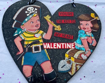 Vintage Valentine Decor - Pirate Valentine ornament - Large 2-Sided Mixed Media Heart Art