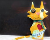Cat Art Doll, Cat Mixed Media Art, Textile Mixed Media Doll, Colorful dyed fabrics, Unique Kitty, Cat Lover gift, heart, plush, cat decor