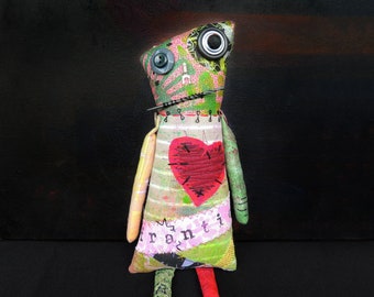 Frantic Francis - Creepy Cute Zombie Art Doll - Spooky cloth doll - Monster Doll - OOAK Textile Doll - Hand Dyed Fabric - Ready to Ship