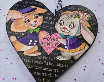 Vintage Romantic Valentine Decor - honey bunny ornament - 2-Sided Mixed Media Heart Art