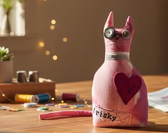 Handmade Cotton Candy Cat Doll – Pink Whimsical Art Textile Kitty
