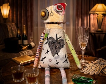 Poupée textile zombie unique en son genre, gentleman gothique mort-vivant, décoration effrayante faite à la main.