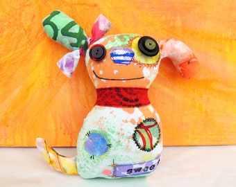 Happy Dog Fabric Art Doll OOAK Hand Dyed Textile Collectible Dog Lover Gift Ready to Ship