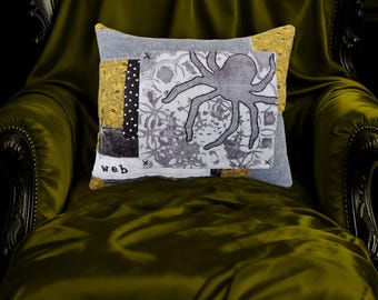 OOAK Spider Art Pillow, Halloween Textile Decor, Hand-Dyed Fiber Art
