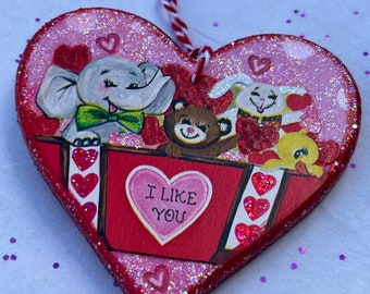 Vintage Valentine's Day Ornament - Kitschy Valentine - Mixed-Media Art on Wooden Heart