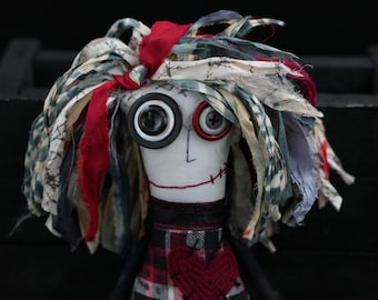 Creepy Cute Gothic Art Doll, OOAK Textile Doll, Halloween Strange Girl