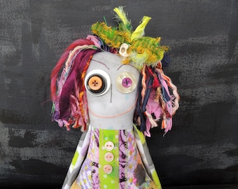 Enchanted Eleanora – Zombie Girl Art Doll Monster OOAK Hand Dyed Fabric Textile Doll Spooky Girl – Ready to Ship