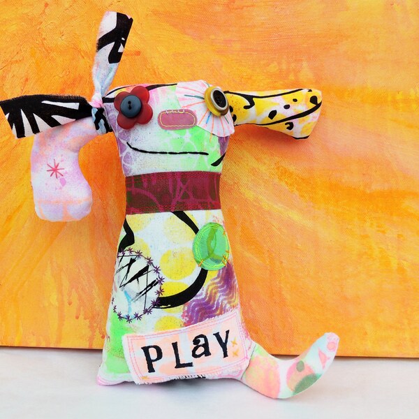 Hond hond Art Doll, uniek kunst, Happy Puppy, OOAK originele Design, textiel Mixed Media pop, kleurrijke Hand geverfd stoffen, hondenliefhebber gift, doek
