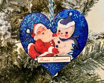 Vintage Christmas Gift, Vintage santa snowman ornamant, Retro Snata Snowman Ornament, 2-sided Vintage Christmas Mixed Media Heart