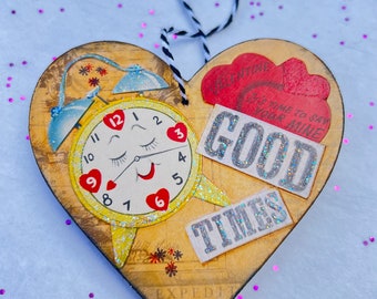 Vintage Valentine's Day Ornament - valentine teacher gift - Mixed-Media Art on Wooden Heart