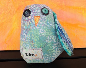 OOAK Textile Owl Art Doll with Hand Dyed Fabric