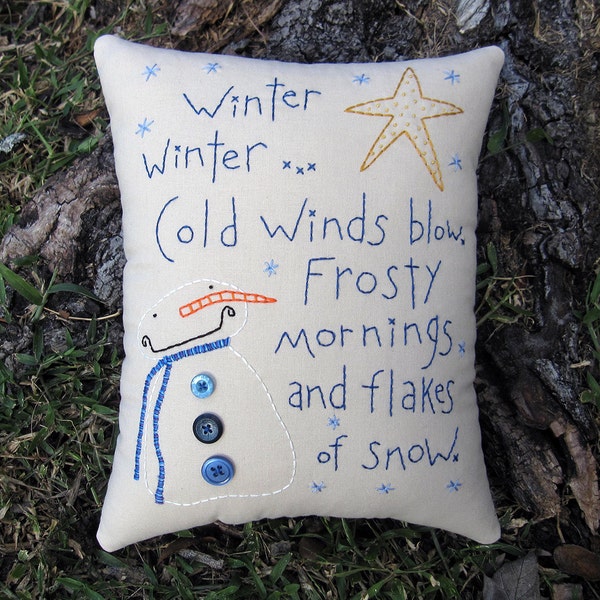 Snowman Pillow, Blue Winter Decor, Happy snowman, Whimsical, Primitive Embroidered Stitchery, Snow Flakes, winter poem, Blue, stars, Fun