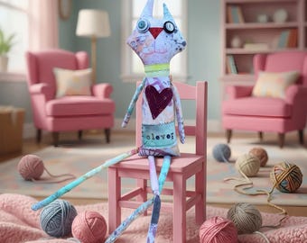 Colorful Cat Art Doll, OOAK Textile Art — Tinker