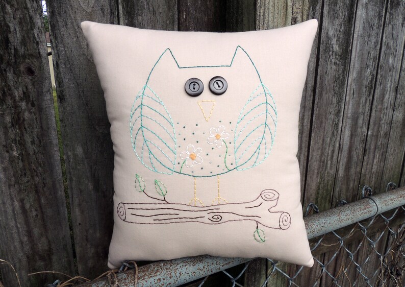 Owl Pillow Hand Embroidered Pillow Unique Owl Decor Etsy