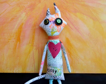 Happy Cat Art Doll, Collectible Cat Doll, OOAK art doll, Textile Mixed Media Doll, Hand printed fabrics, Unique Cat Lover gift, cloth doll