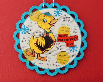 Funny Silly Duck Valentine, Vintage Valentine Decor, Valentine Day Gift, Retro Valentine's Day Ornament, 2-sided  OOAK Mixed Media Heart Art