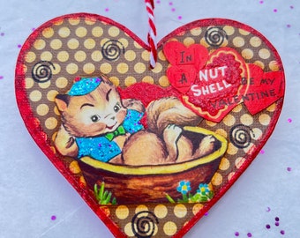 Vintage Valentine's Day Ornament - Kitschy Valentine gift - Mixed-Media Art on Wooden Heart