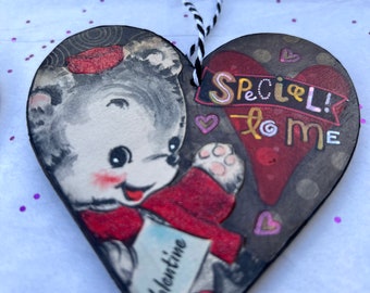 Vintage Valentine's Day Ornament - Kitschy Valentine - Teddy Bear Valentine Mixed-Media Art on Wooden Heart