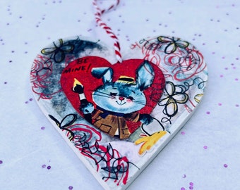 Romantic Artist Gift - Vintage Valentine Upcycled Art Ornament - Unique 2-Sided Mixed Media Heart Art