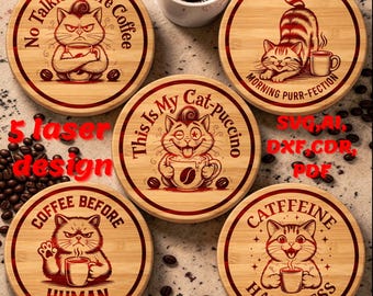 Funny Cat Coffee Coasters SVG Bundle, Laser Engraving Designs (svg, dxf, ai, pdf, cdr)