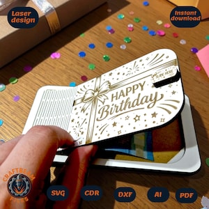 May include: A laser-cut birthday card with a gold bow and the words "Happy Birthday." The card is white with gold accents and has a slot to slide open. The card is shown open, revealing the inside.