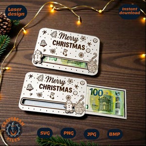 Carte-cadeau argent de Noël SVG | Lime coulissante découpée au laser pour porte-monnaie des Fêtes pour Glowforge xTool | Modèle de carte-cadeau de Noël