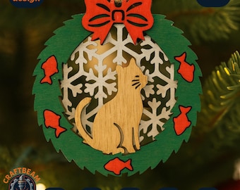 Cat Wreath Ornament SVG, Laser Cut Christmas File