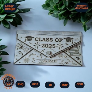 Porta-moedas de formatura SVG | Envelope cortado a laser para a turma de 2025 | Glowforge e Cricut | Modelo para porta-cartão-presente | Arquivo digital